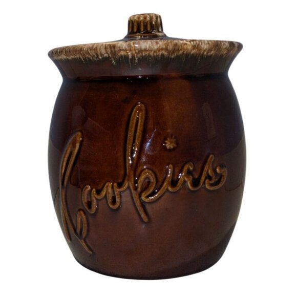 Hull Cookie Jar with Lid Oven Proof Brown Drip Glazed Ceramic Pottery with Lid